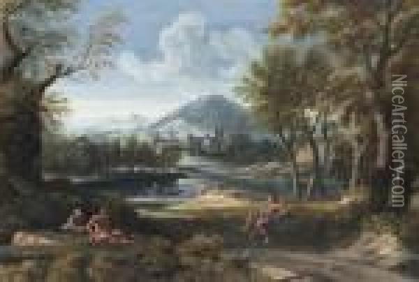 Flusslandschaft Mit Fischern Oil Painting - Gaspard Dughet Poussin