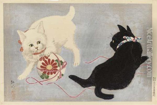 Two Cats Playing With A Ball Oil Painting - Tadahashi Hiroaki