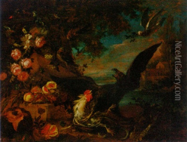 A Hawk Attacking A Chicken On A Bank With Flowers And Fruit, A Landscape Beyond Oil Painting - Adriaen de Gryef