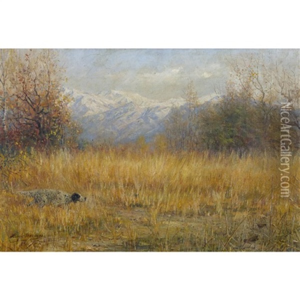 Herbstlandschaft Mit Pointer Auf Der Jagd Oil Painting - Hugo Strauss
