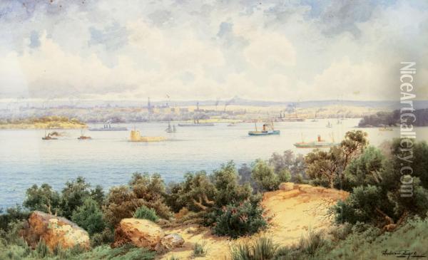 Sydney Harbour From The North Shore Looking Towards The City Skyline Oil Painting - Gladstone Eyre