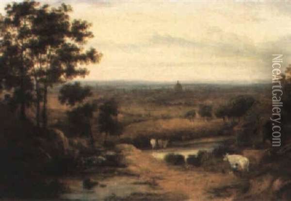 Landscape With A Distant View Of London From Hampstead Oil Painting - Peter La Cave
