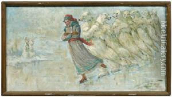 Woman Skating With A Line Of Polar Bears Oil Painting - Frederick Stuart Church