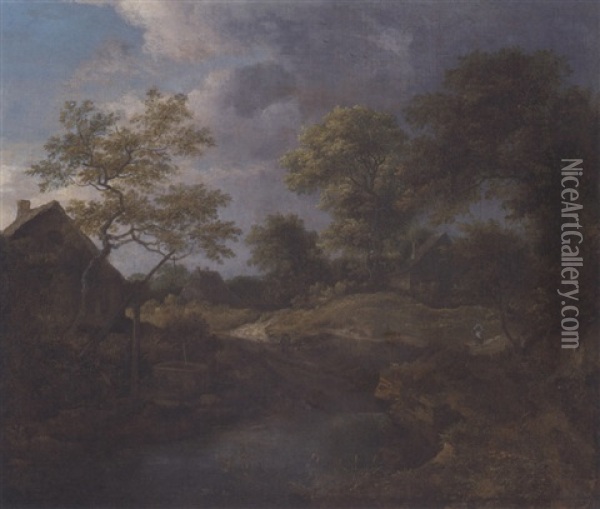 A Wooded River Landscape With Travellers On A Track By A Hamlet Oil Painting - Jacob Van Ruisdael