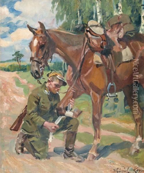 Soldaat En Zijn Paard Oil Painting - Wojciech Von Kossak