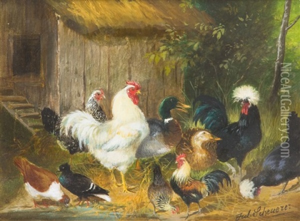 Huhnerhof Mit Enten Und Tauben Oil Painting - Julius Scheuerer