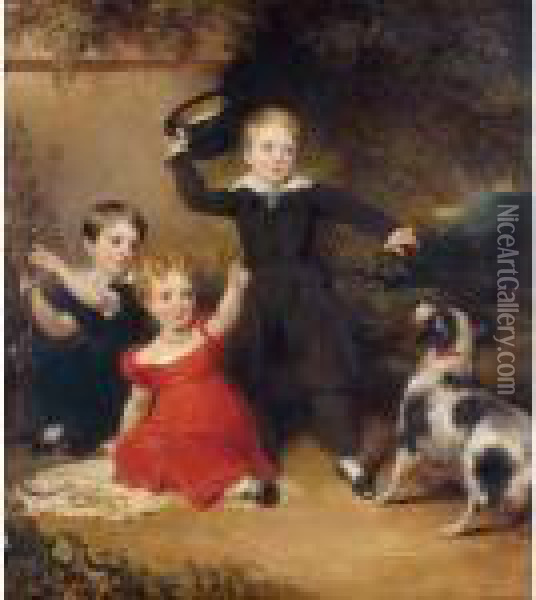 Portrait Of Three Children In A Landscape With A Dog Oil Painting - John Wood