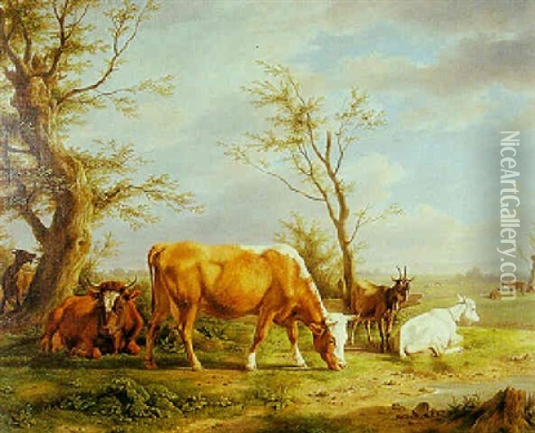 Weidende Kuhe Und Ziegen In Einer Baumbestandenen Wiesenlandschaft Oil Painting - Karl Kuntz