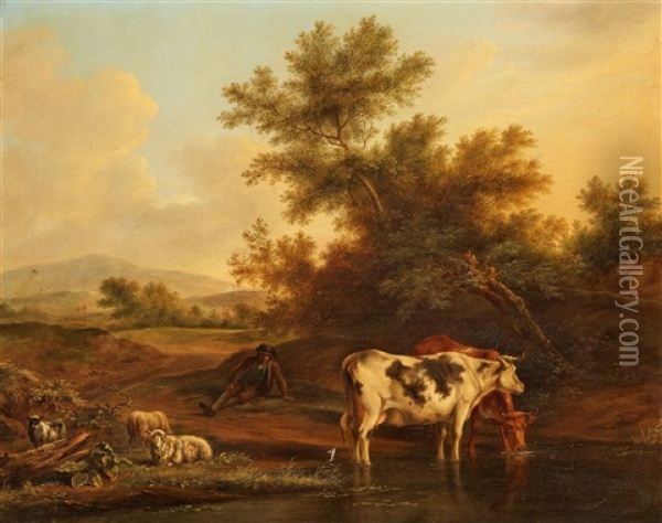 Landschaft Mit Hirte, Rindern, Schafen Und Ziege Oil Painting - Johannes I Janson