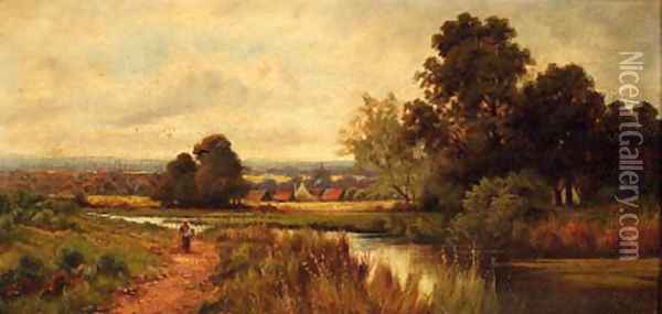 A figure on a path beside a river Oil Painting - Octavius Thomas Clark