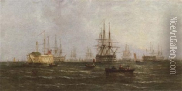 The Fleet Anchorage At The Nore With The Flagship Signalling Other Ships Oil Painting - William Callcott Knell