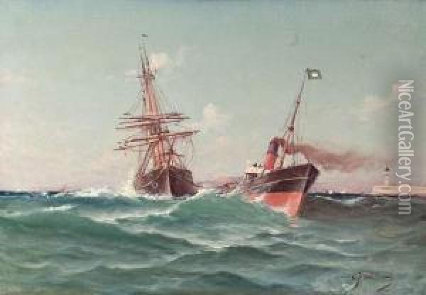 Voilier Remorque A L'entree Du Port De Marseille. Oil Painting - Alfred Godchaux