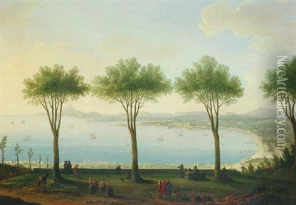 View Of The Bay Of Naples From The South (possibly          Poggioreale), Looking North With A King Of The Bourbon Oil Painting - Antonio Joli