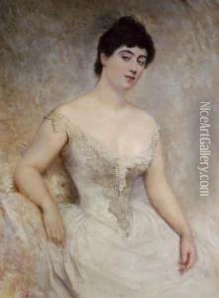 Portrait Of A Young Woman In A White Dress Oil Painting - H. Rondel