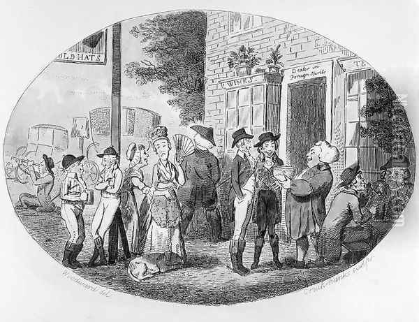 Outside the Old Hats Tavern, engraved by Isaac Cruikshank, 1796 Oil Painting - George Moutard Woodward