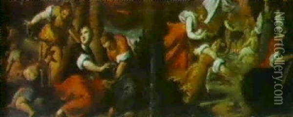 Moses,die Israeliten Und Die Wachteln        Moses  Zeigt Die Zwei Neuen Gesetzestafeln Dem Volk Oil Painting - Jacopo Palma il Giovane