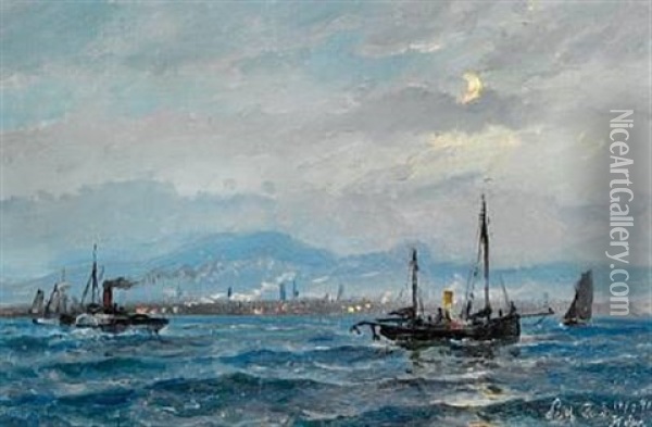 A Paddle Steamer And Sailing Ships Off The Coast Of Leith Near Edinburgh Oil Painting - Holger Henrik Herholdt Drachmann