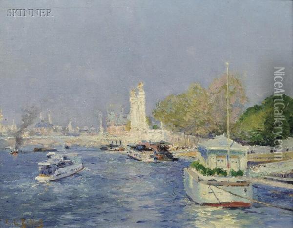 View Of Boats Along The Seine Oil Painting - Eugne-Louis Gillot