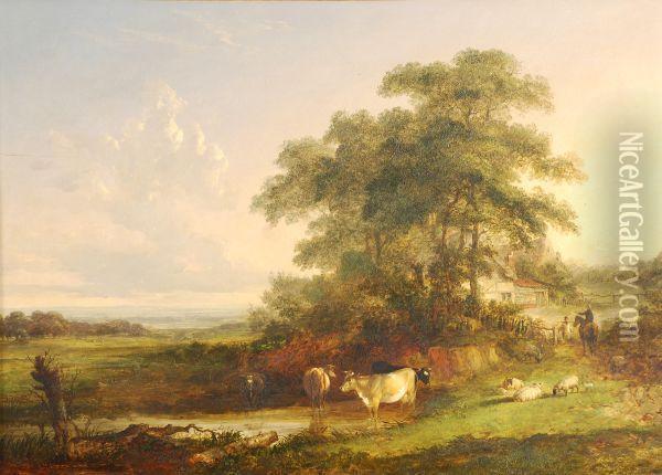 Cattle By A Stream With An Extensive Landscape Beyond Oil Painting - John Dearman Birchall