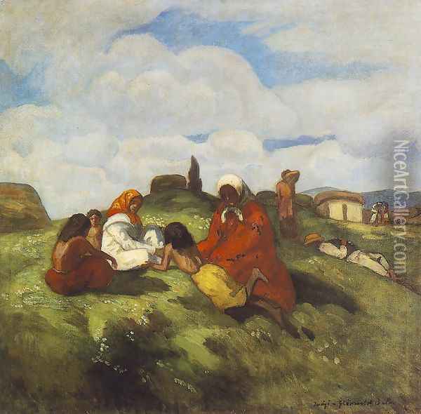 Gipsies on the Field c. 1905 Oil Painting - Bela Ivanyi Grunwald