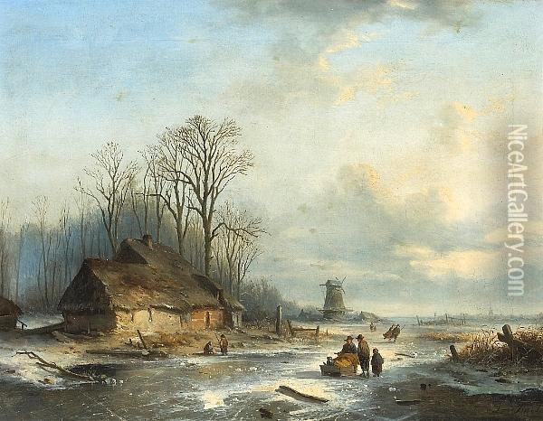 Figures On A Frozen Canal With A Windmill In The Distance Oil Painting - Louis Smets
