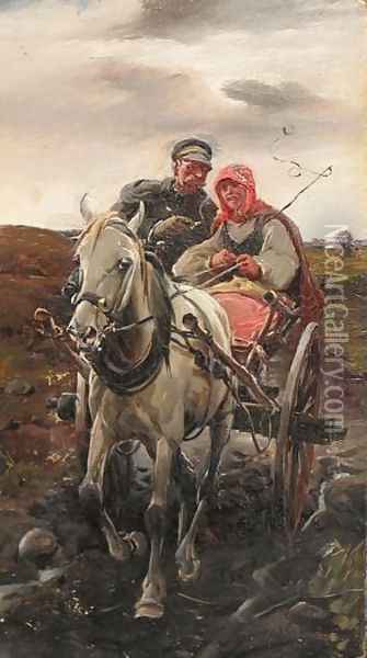 Couple on a Cart Oil Painting - J. Konarski