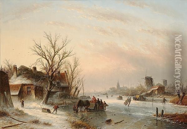 A Dutch Winter Landscape With A Horse And Sled, And Figures Skating On A Frozen River Oil Painting - Jan Jacob Coenraad Spohler