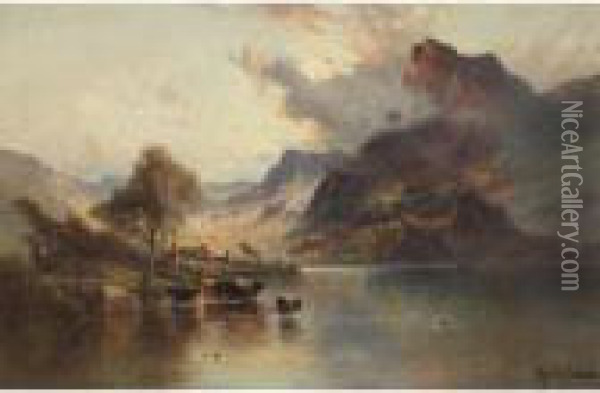 Cattle Watering At Sunset Oil Painting - Alfred de Breanski