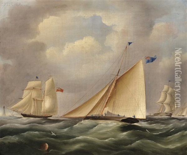 A Cutter And Other Shipping Near A Lighthouse Oil Painting - James Edward Buttersworth