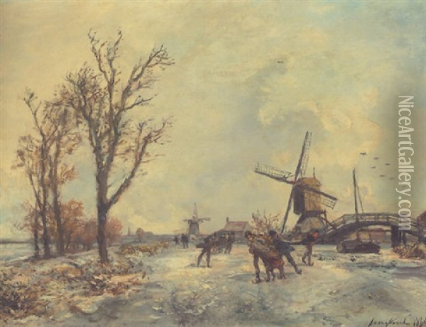 Les Trois Patineurs Au Moulin Oil Painting - Johan Barthold Jongkind