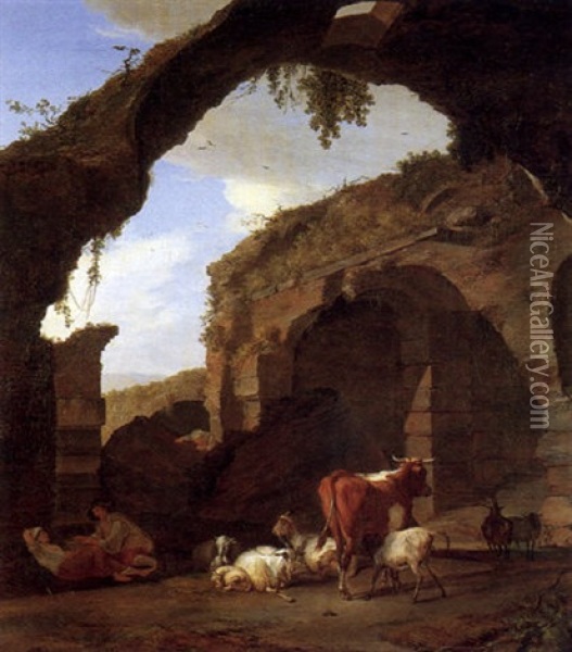 Bergers Gardant Leur Betail Dans Les Ruines Du Colisee Oil Painting - Nicholas Henri Joseph Fassin