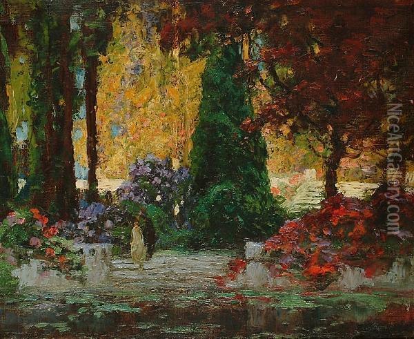 Figures In A Garden Oil Painting - Thomas E. Mostyn