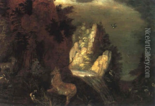 Ein Hirsch Und Steinboecke In Einer Gebirgslandschaft Mit   Einem Wasserfall Oil Painting - Jacob Savery the Elder