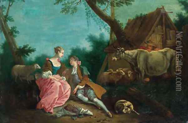 A shepherd courting a shepherdess by a farmhouse in a wooded landscape Oil Painting - Jean-Baptiste Joseph Pater