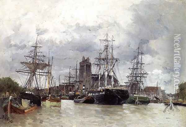 Dordrecht Harbor With Shipping And Cathedral Oil Painting - Frank Myers Boggs
