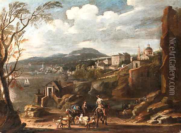 An Italianate coastal Landscape with Travellers conversing on a Path with a Town beyond Oil Painting - Italian School