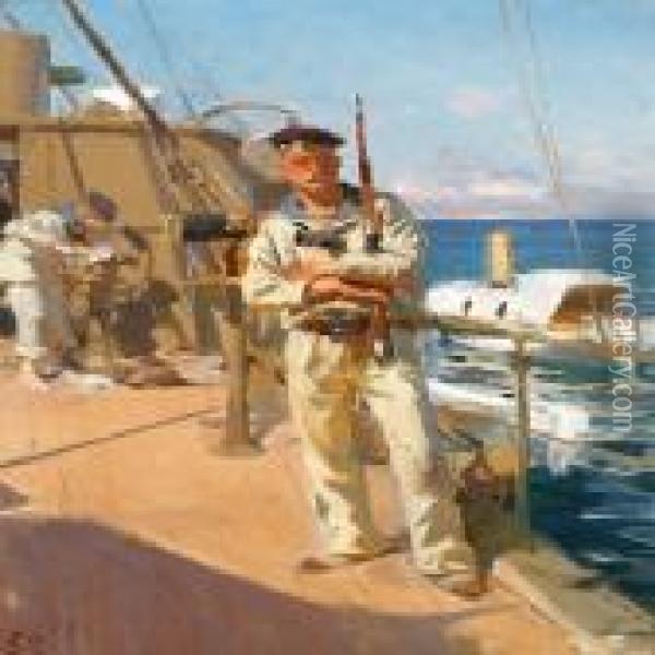 Naval Gunner On Boarda Warship Oil Painting - Erik Henningsen
