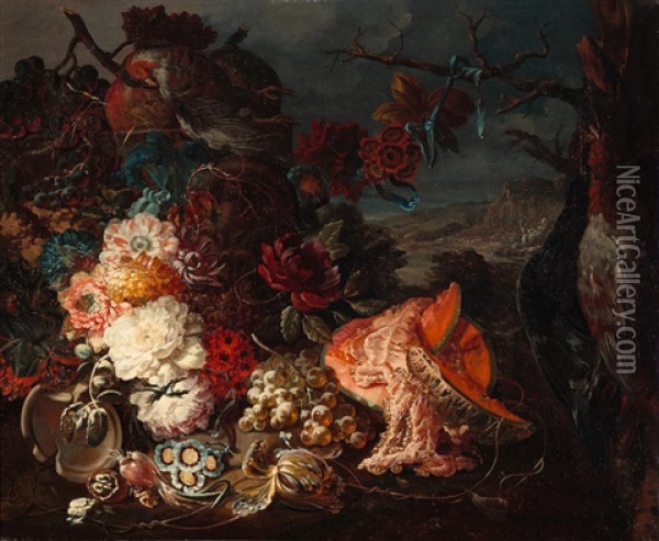An Opulent Floral Still Life With Game Birds And Fruit, With A Landscape Beyond Oil Painting - Johann Amandus Winck