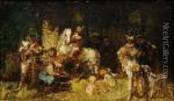 Cavaliers, Chien Et Enfants Dans Un Sous-bois Oil Painting - Adolphe Joseph Th. Monticelli