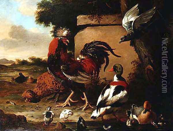 Cockerel with Ducks, Ducklings and Pigeon Oil Painting - Marmaduke Craddock