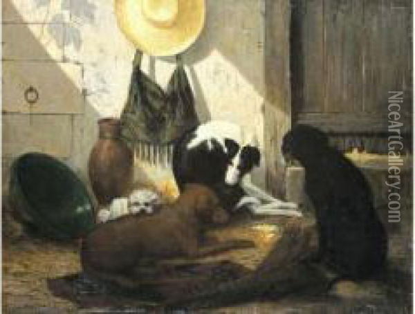 Tafereel Met Vier Honden Oil Painting - Joseph Edouard Stevens