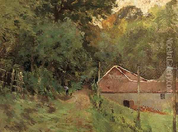 A figure on a wooded track by farm buildings Oil Painting - French School