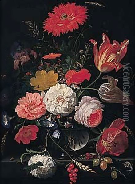 A Still Life Of Tulips, Roses, A Peony, An Iris, Several Varieties Of Poppy, Daisies, A Snowball, Convolvulus, Cow-parsley, Ears Of Corn In A Glass Vase On A Stone Ledge Oil Painting - Abraham Mignon