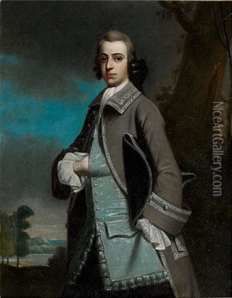 Portrait Of A Gentlemanin A Grey Coat With A Blue Waistcoat, A Tricorn Hat Under His Arm And A Landscape Beyond Oil Painting - Edward Penny