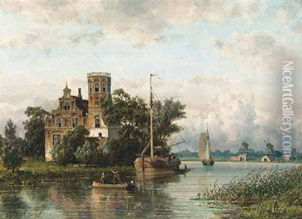 A River Landscape With Sailing Vessels Near A Town Oil Painting - Johannes Joseph Destree