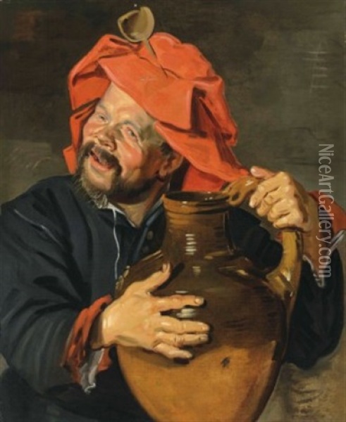 Laughing Man With A Jug, Probably 'pekelharing Oil Painting - Frans Hals