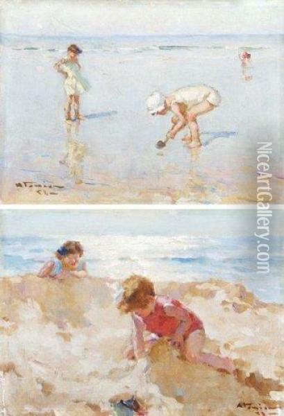 Enfants Sur La Plage. Oil Painting - Charles Garabed Atamian