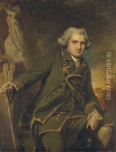 Portrait Of Sir William Langham In A Green Suit With Gold Trim, Holding A Tricorn In His Left Hand And A Walking Stick In His Right, In A Landscape Oil Painting - Francis Cotes