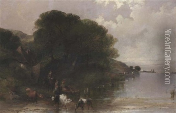 Cattle Watering With Countryfolk By A Cottage In An Extensive River Landscape Oil Painting - Henry Bright