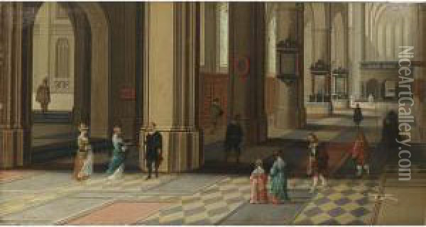 A Church Interior With Elegant Figures And A Dog In The Foreground Oil Painting - Pieter Ii Neefs